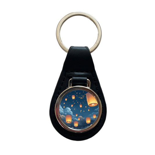 Floating Lanterns In Sky Black Leather Metal Keychain