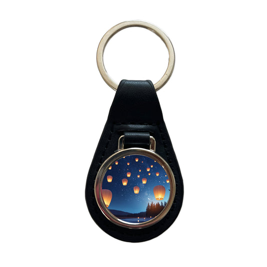 Floating Lanterns Over Lake Black Leather Metal Keychain