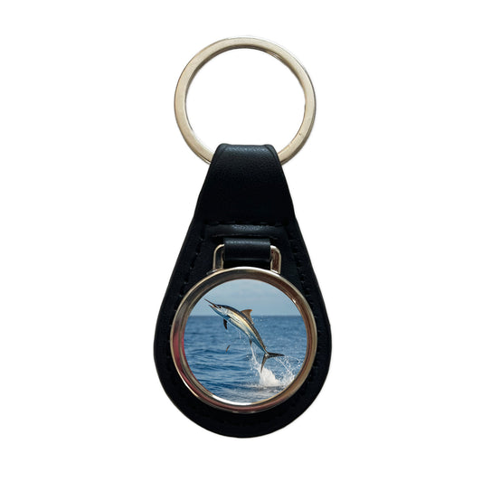 Flying Fish Jumping Fishing Black Leather Metal Keychain