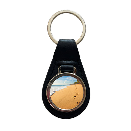 Footprints In The Sand Barefoot Beach Ocean Black Leather Metal Keychain
