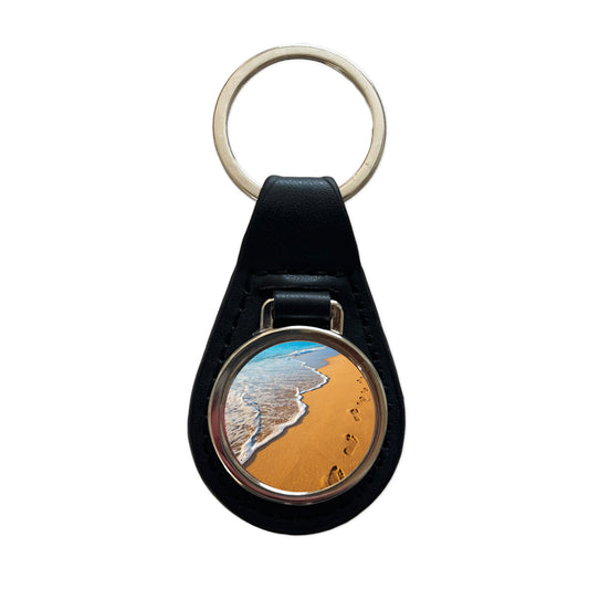 Footprints In The Sand Beach Shore Black Leather Metal Keychain