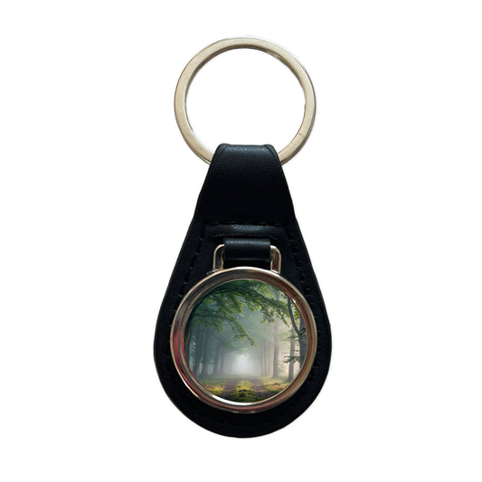 Forest Fog Morning Trail Black Leather Metal Keychain