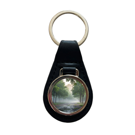 Forest Misty Morning Black Leather Metal Keychain