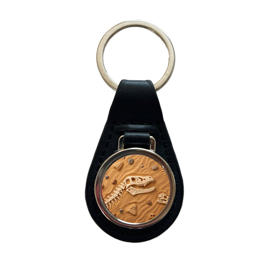 Fossils Dinosaur Bones Black Leather Metal Keychain