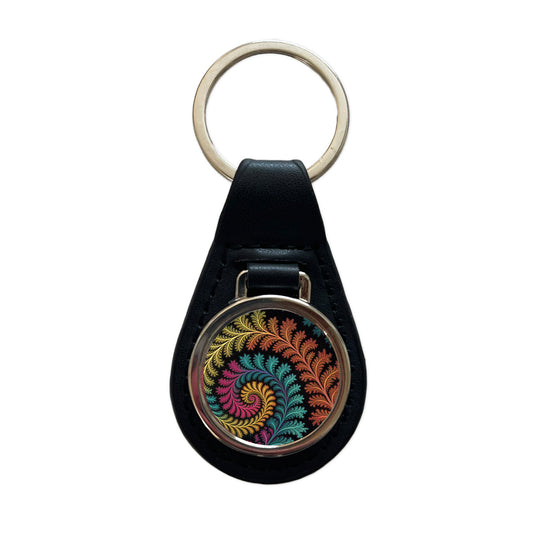 Fractal Geometry Colorful Black Leather Metal Keychain
