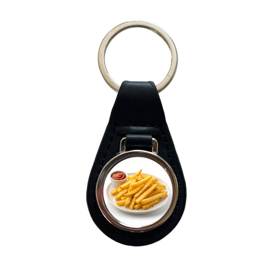 French Fries Ketchup Snack Black Leather Metal Keychain