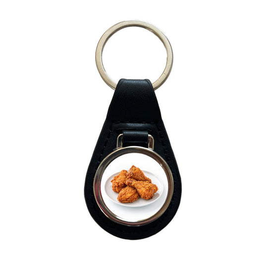 Fried Chicken Wings Black Leather Metal Keychain