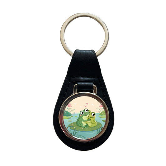 Frogs Hugging Love Black Leather Metal Keychain