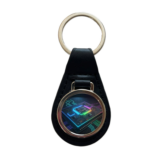 Futuristic Circuit Board Colorful Black Leather Metal Keychain