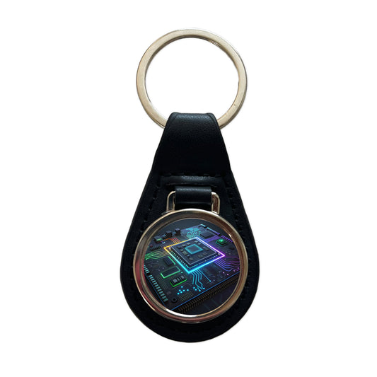 Futuristic Circuit Board Black Leather Metal Keychain
