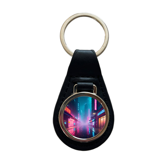 Futuristic City Alley Night Glowing Signs Misty Black Leather Metal Keychain
