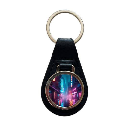 Futuristic City Alley Night Glowing Signs Black Leather Metal Keychain