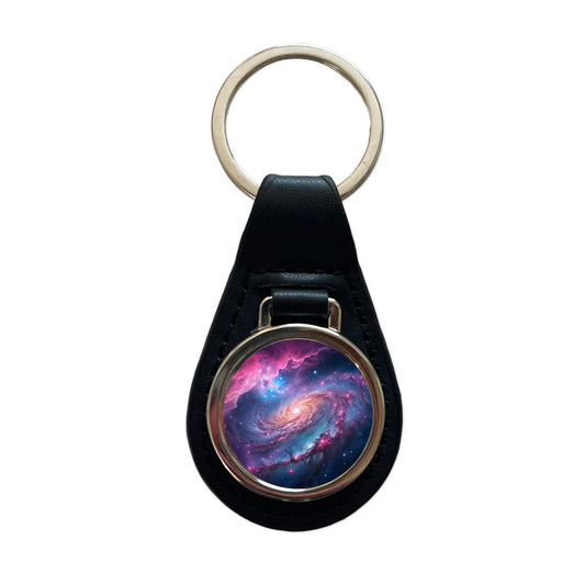 Galaxy Nebula Outer Space Colorful Black Leather Metal Keychain