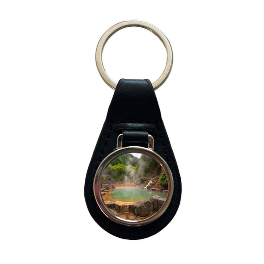 Geothermal Spa Misty Black Leather Metal Keychain