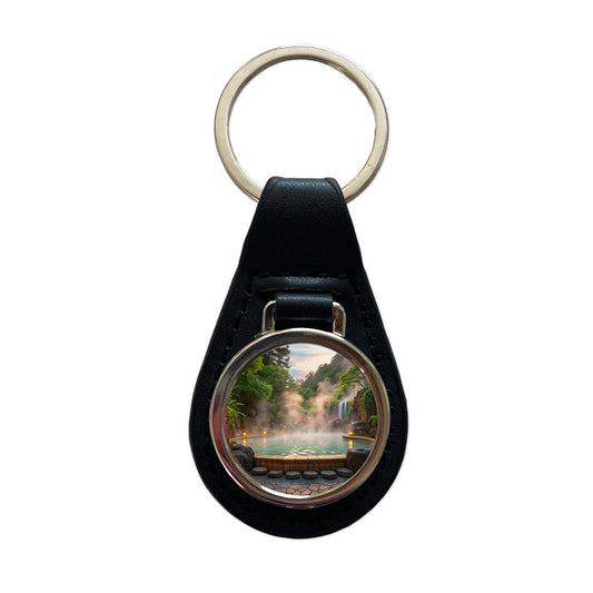 Geothermal Spa Waterfall Black Leather Metal Keychain