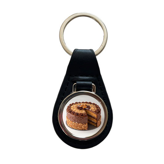 German Chocolate Cake Yummy Dessert Black Leather Metal Keychain