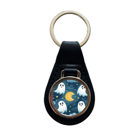 Ghosts Smiling Floating Night Sky Halloween Black Leather Metal Keychain
