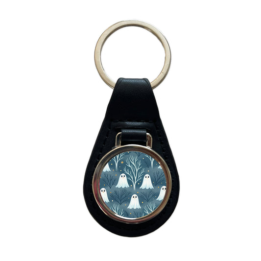Ghosts Smiling Halloween Sparse Trees Black Leather Metal Keychain