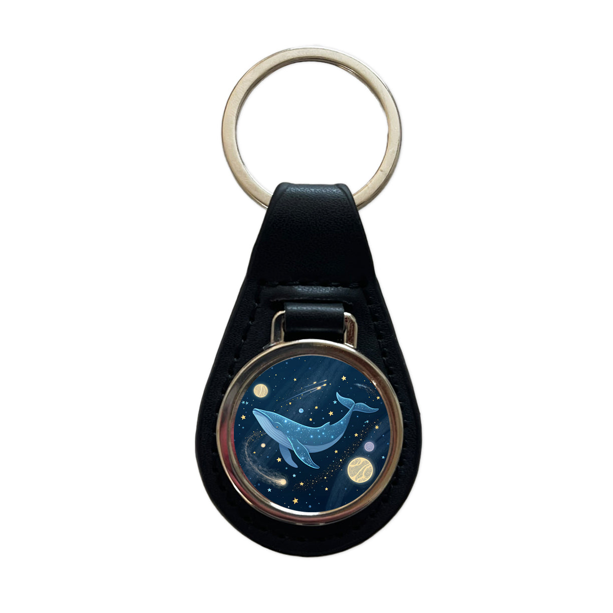Giant Whale Floating In Space Stars Planets Black Leather Metal Keychain