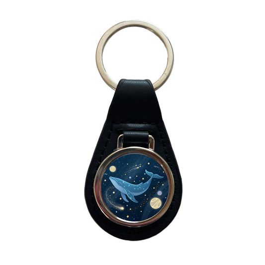Giant Whale Floating In Space Stars Planets Black Leather Metal Keychain