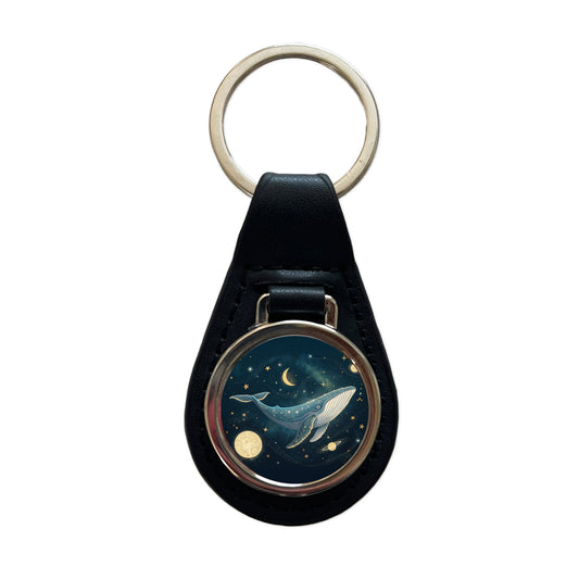 Giant Whale Floating In Space Black Leather Metal Keychain