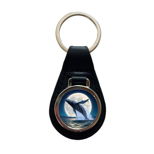 Giant Whale Leaping Over Ocean Moon Black Leather Metal Keychain
