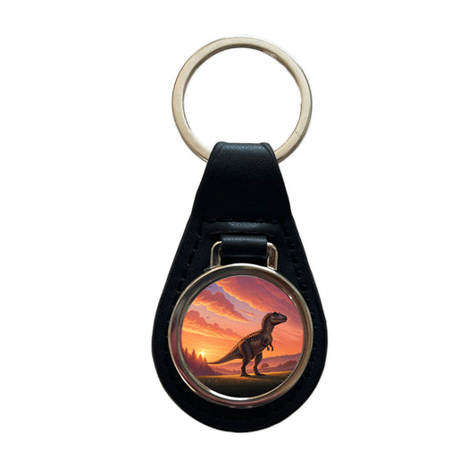 Giganotosaurus Standing Sunset Dinosaur Black Leather Metal Keychain
