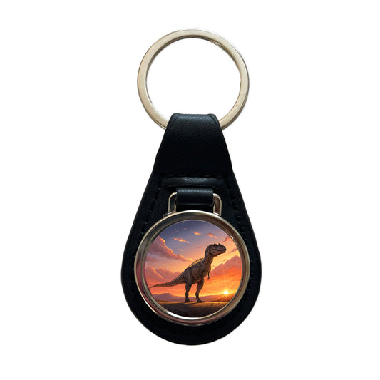Giganotosaurus Sunset Dinosaur Black Leather Metal Keychain