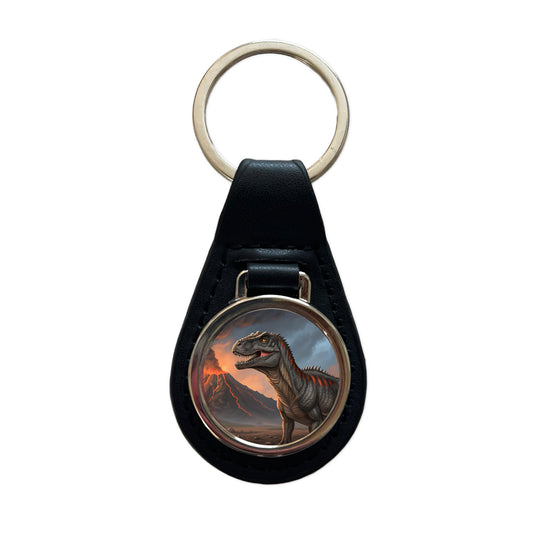 Giganotosaurus Volcano Erupting Dinosaur Black Leather Metal Keychain