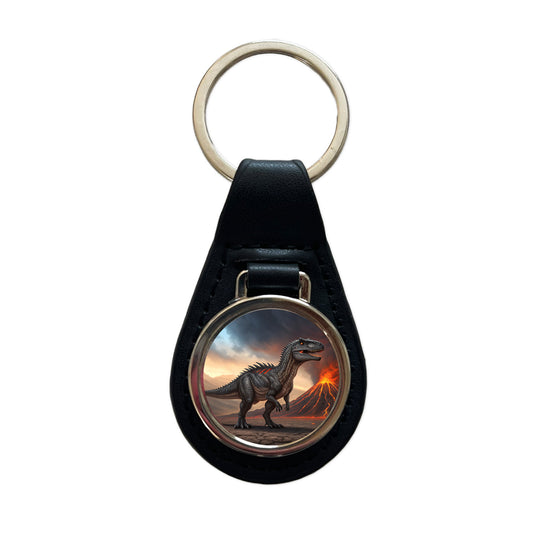 Giganotosaurus Volcano Lava Dinosaur Black Leather Metal Keychain