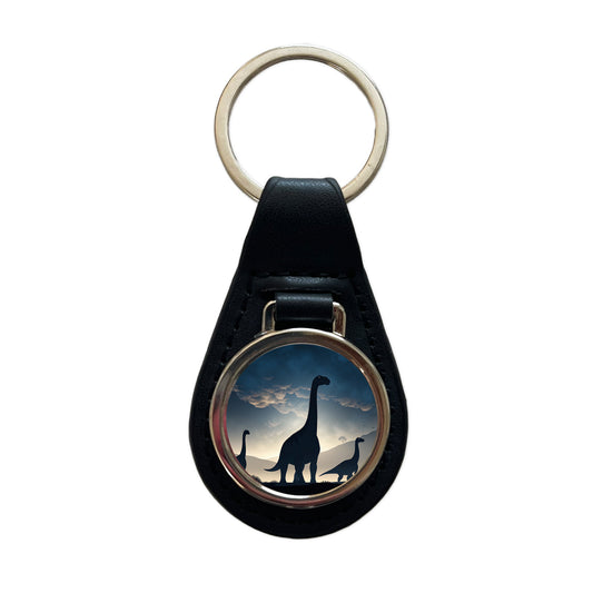 Gigantosaurus Sauropods Silhouettes Night Dinosaurs Black Leather Metal Keychain