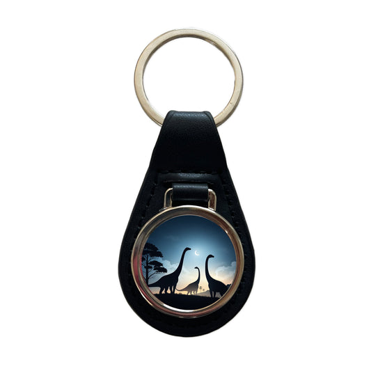 Gigantosaurus Silhouettes Moon Trees Dinosaurs Black Leather Metal Keychain