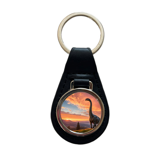 Gigantosaurus Sunset Dinosaur Sauropod Black Leather Metal Keychain