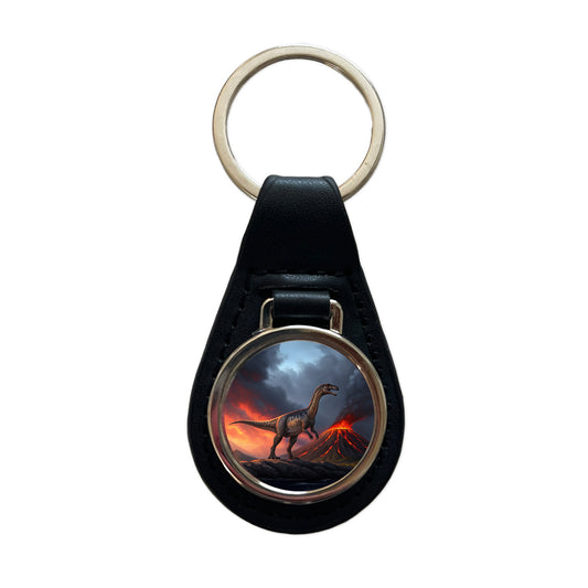 Gigantosaurus Volcano Dinosaur Sauropod Black Leather Metal Keychain