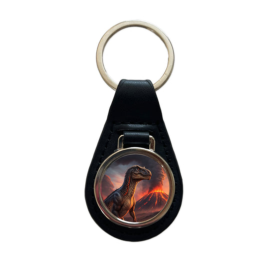 Gigantosaurus Volcano Erupting Dinosaur Black Leather Metal Keychain