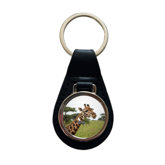Giraffe Wearing Bow Tie Black Leather Metal Keychain