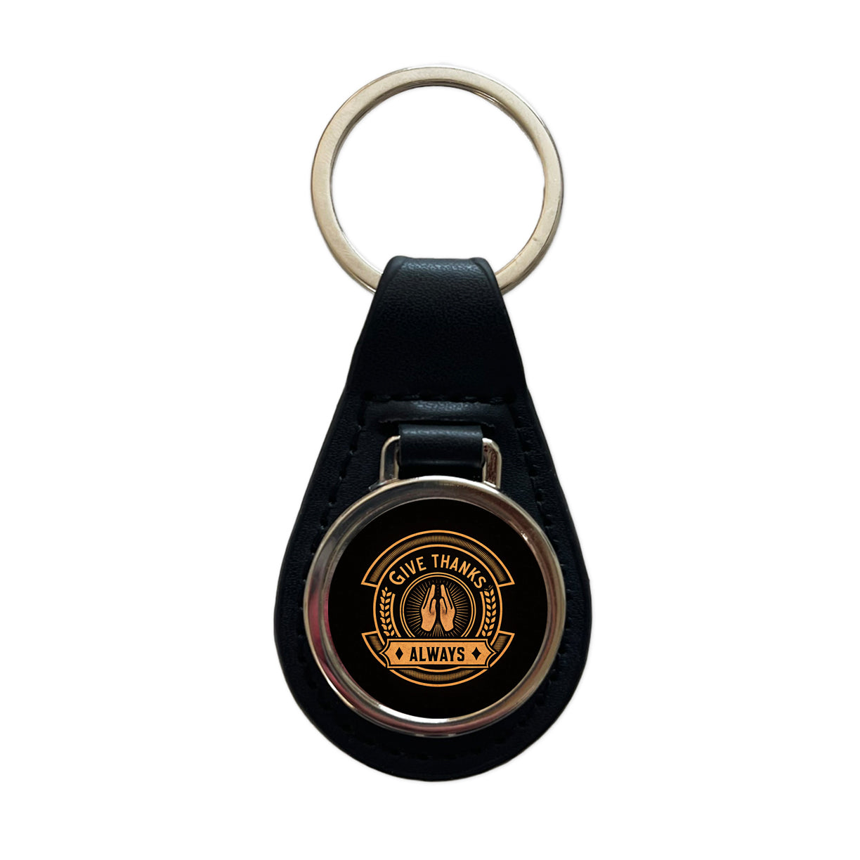 Give Thanks Always Inspirational Christian Black Leather Metal Keychain