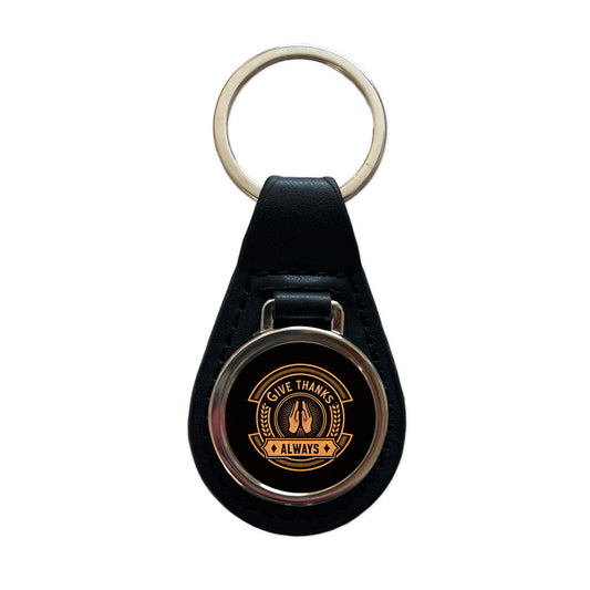 Give Thanks Always Inspirational Christian Black Leather Metal Keychain