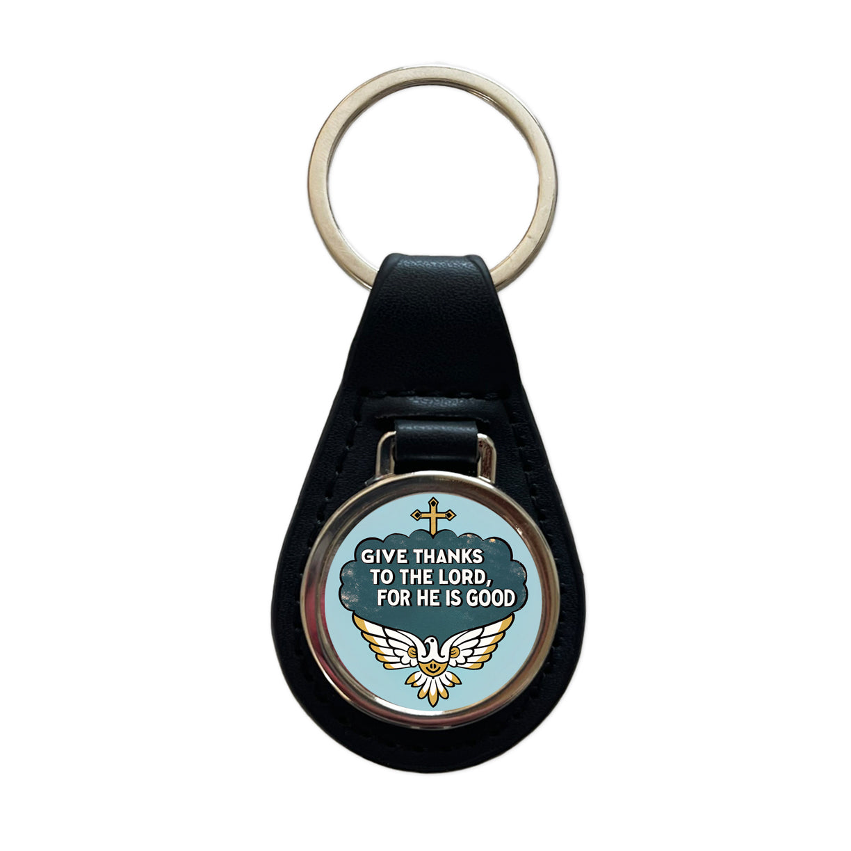 Give Thanks To The Lord For He Is Good Psalm Bible Verse Blue Black Leather Metal Keychain