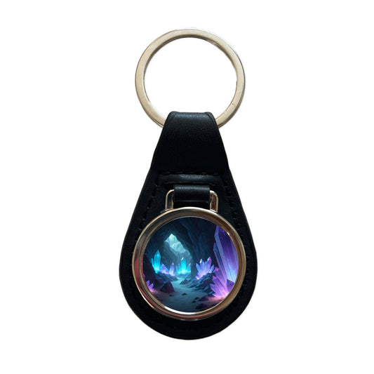 Glowing Crystals Dark Cavern Cool Hues Black Leather Metal Keychain
