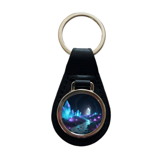 Glowing Crystals Dark Cavern Black Leather Metal Keychain