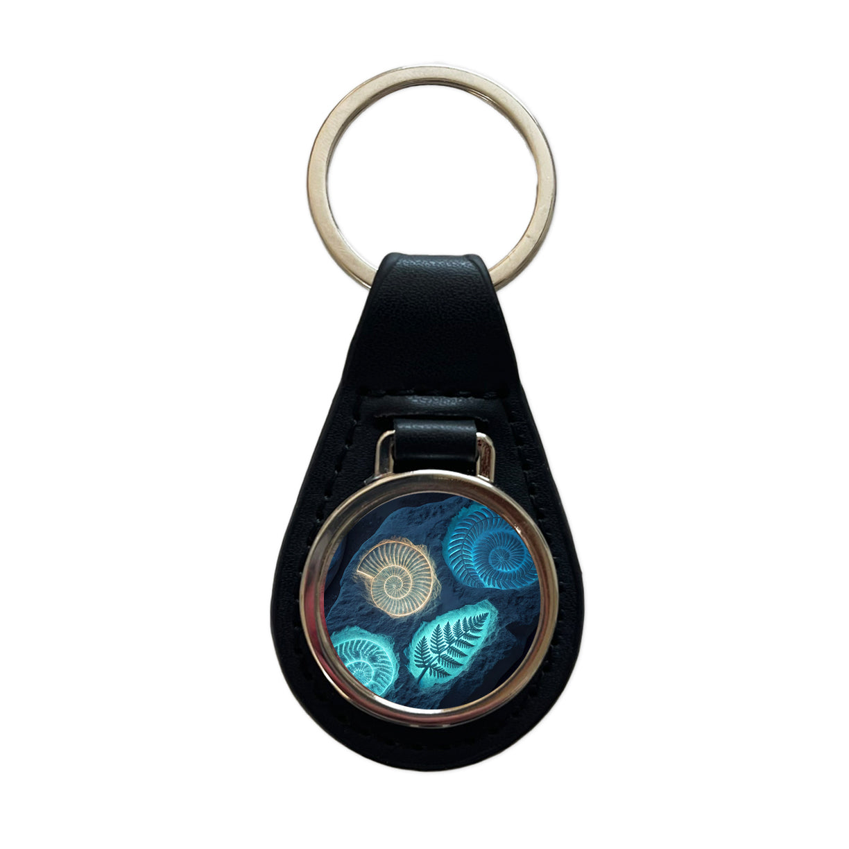 Glowing Holographic Style Fossil Imprints Black Leather Metal Keychain