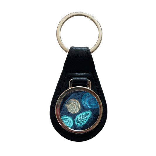 Glowing Holographic Style Fossil Imprints Black Leather Metal Keychain