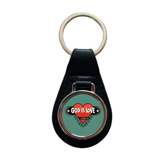 God Is Love Bible Verse Christian Black Leather Metal Keychain