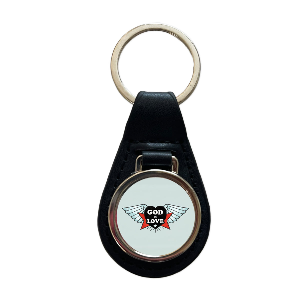 God Is Love Christian Bible Black Leather Metal Keychain