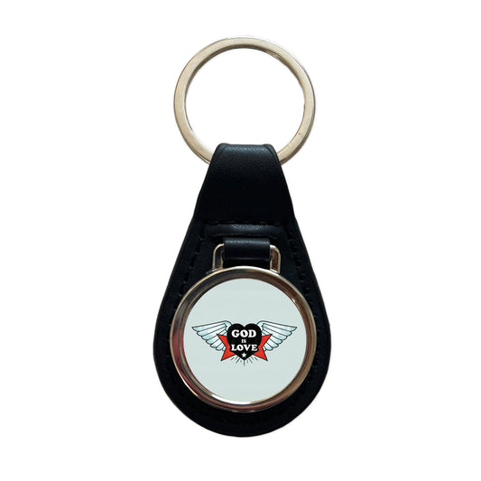 God Is Love Christian Bible Black Leather Metal Keychain