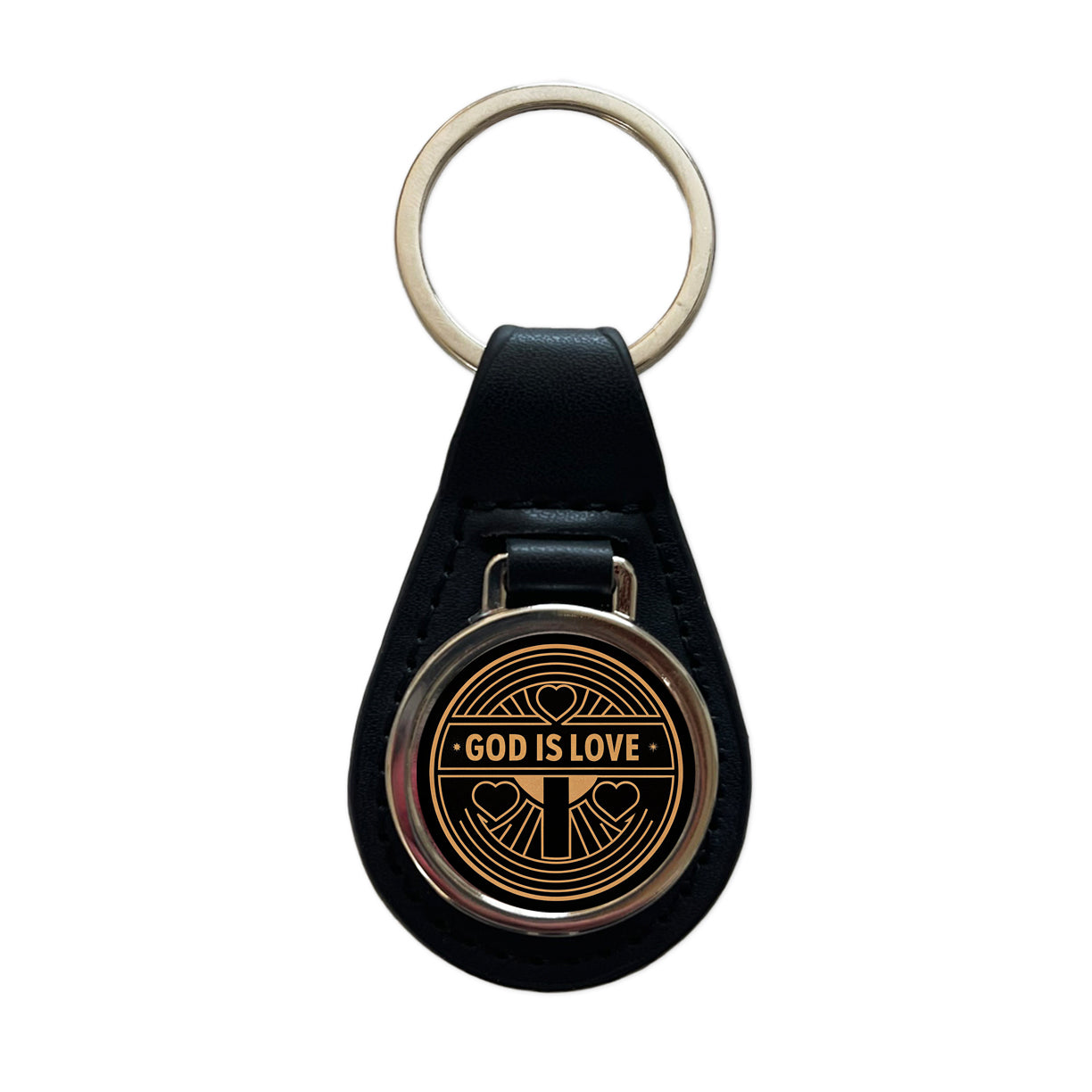 God Is Love Christian Black Leather Metal Keychain