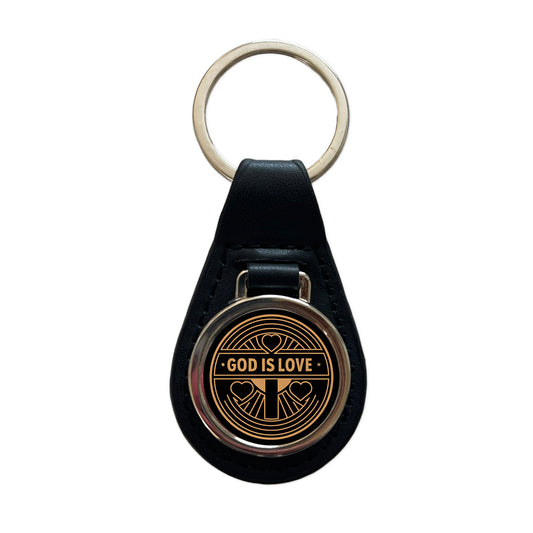 God Is Love Christian Black Leather Metal Keychain
