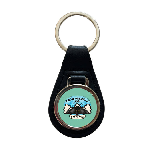God Is Our Refuge And Strength Bible Verse Black Leather Metal Keychain