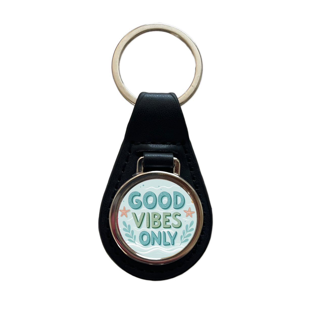 Good Vibes Only Sea Foam Ocean Beach Black Leather Metal Keychain